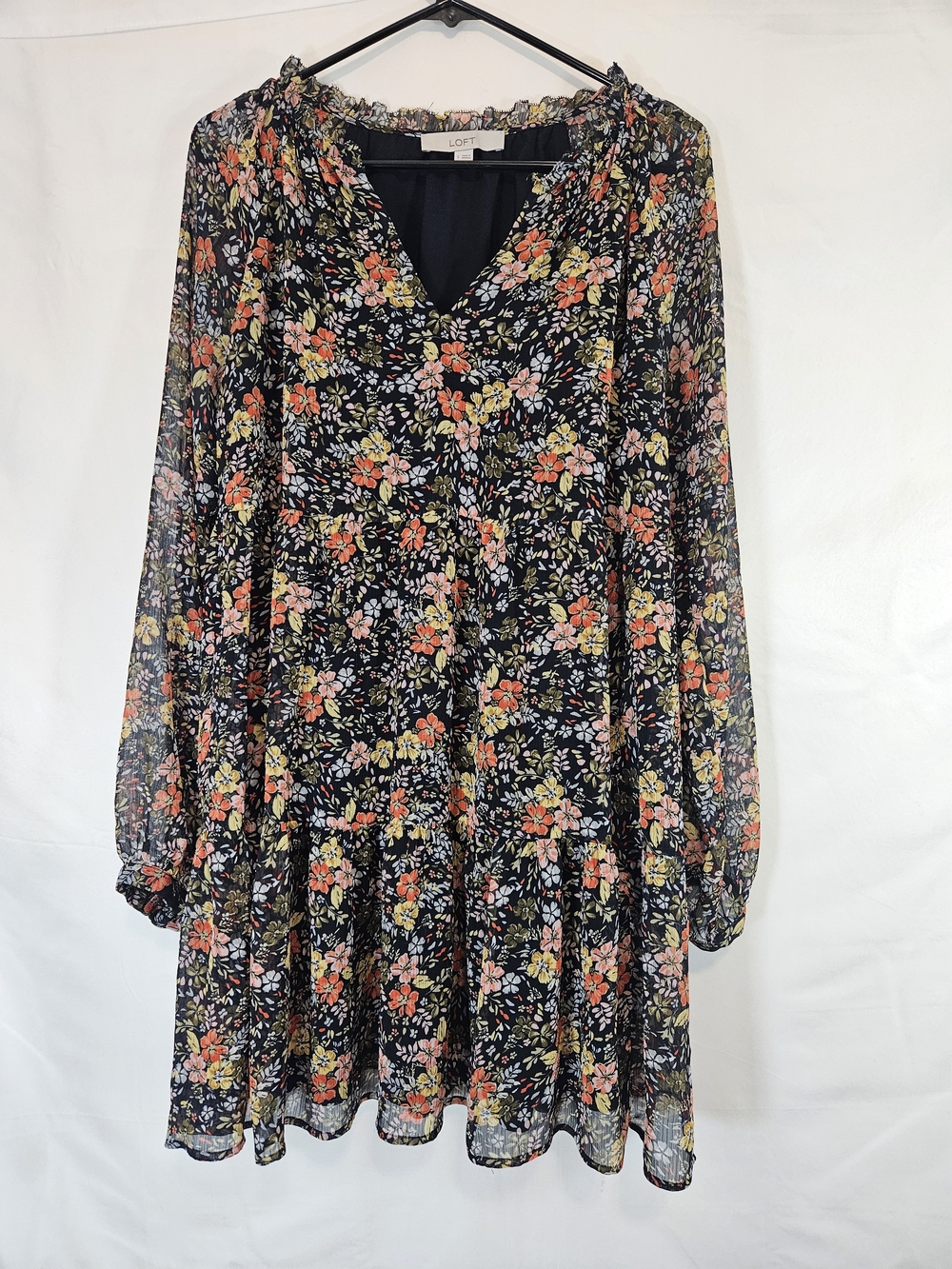 LOFT Black Floral V-Neck Long Sleeve Tiered Dress Whimsigoth Babydoll